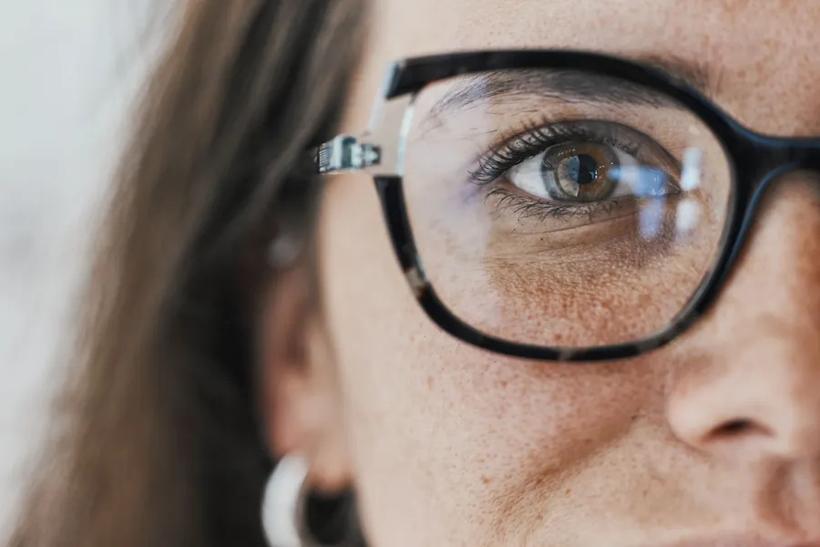 Close-up of an eye behind glasses