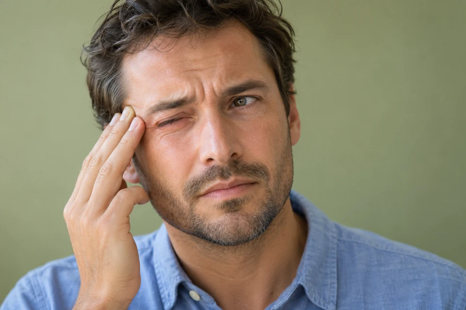 Man squinting with eye discomfort, resting his fingertips beside his temple