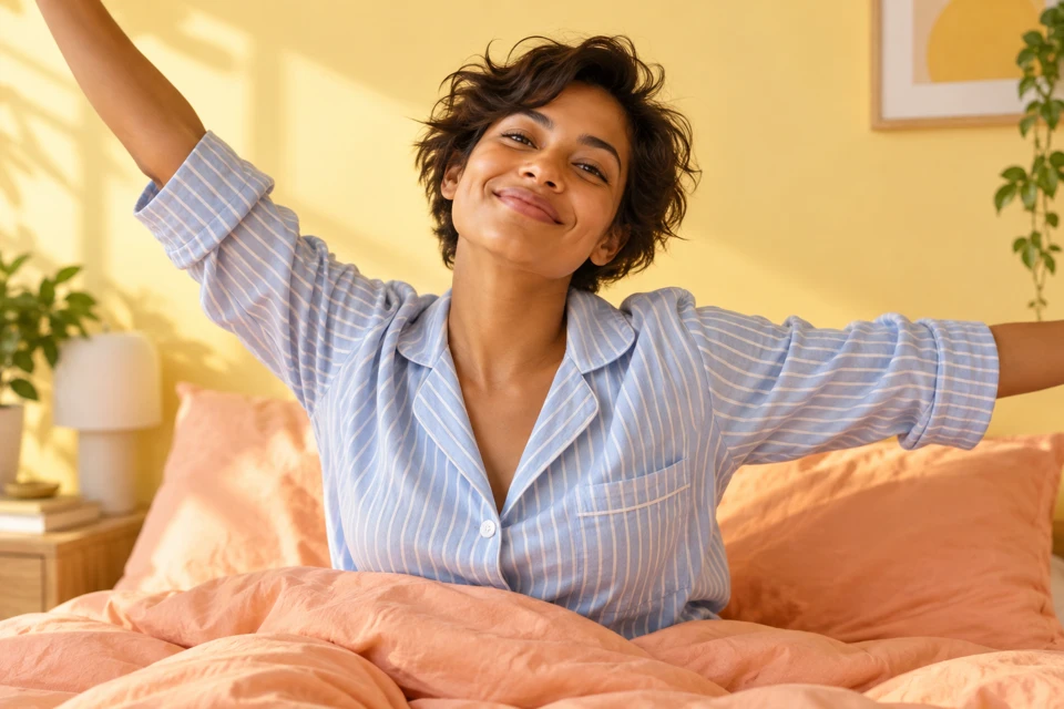 Woman enjoying a sunny morning in a colourful bedroom
