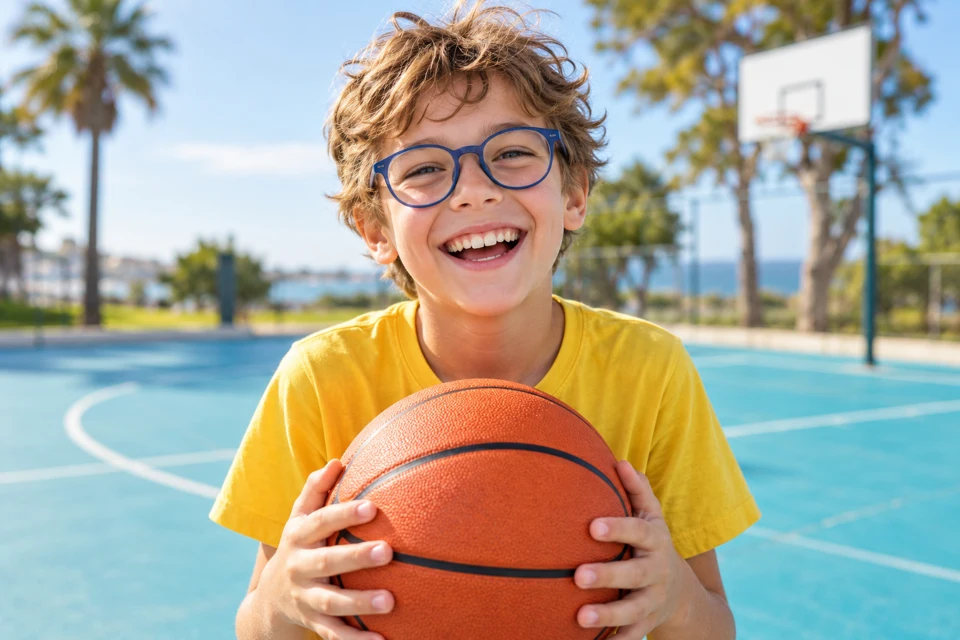 Child wearing glasses and holding a basketball on an outdoor court