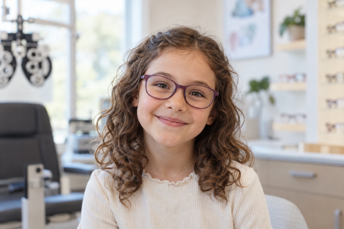 Smiling child wearing purple prescription glasses at an optometry practice