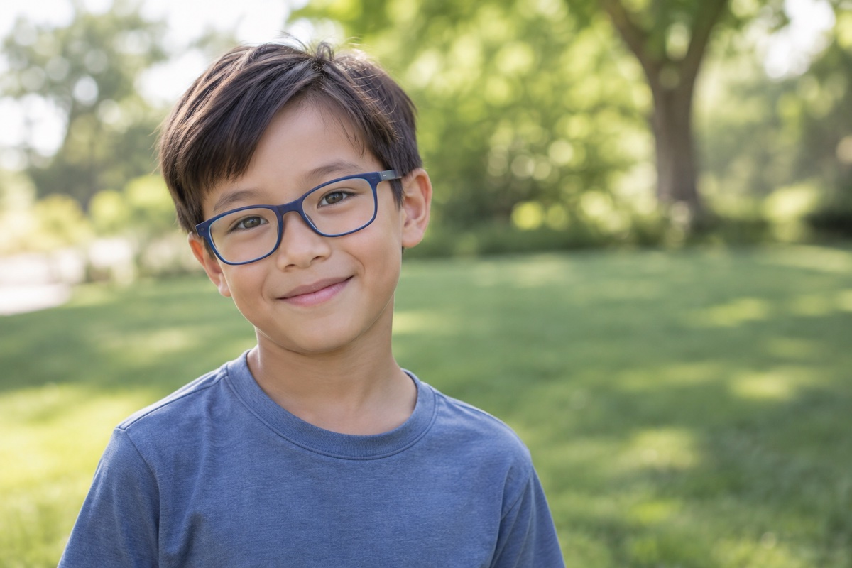 Smiling child wearing blue prescription glasses outdoors
